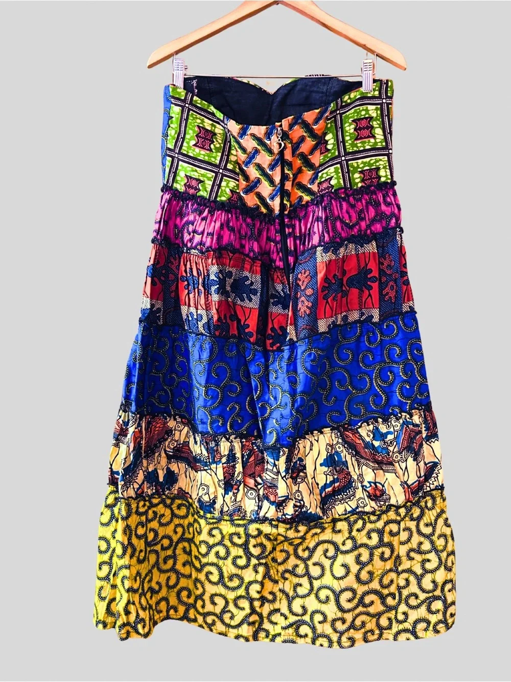 Boho Strapless Patchwork Midi Dress • Blue, Yellow & Pink African textile design - Picture 2 of 5
